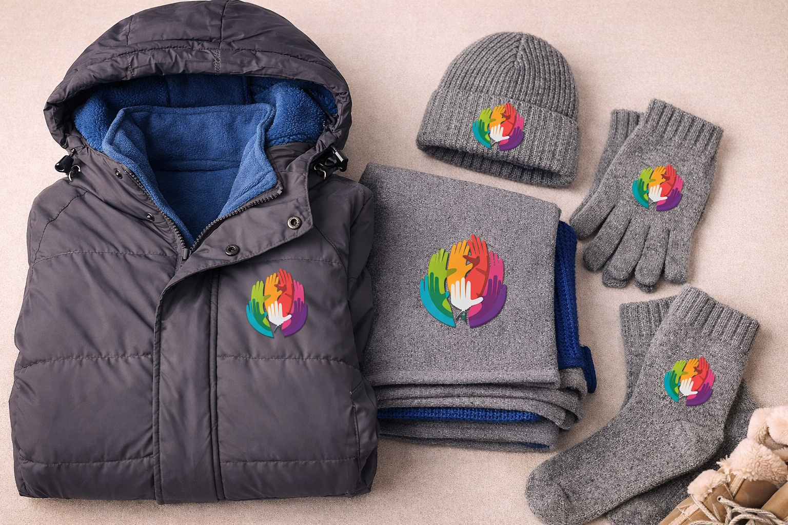 Winter kit with blanket and warm clothes for families